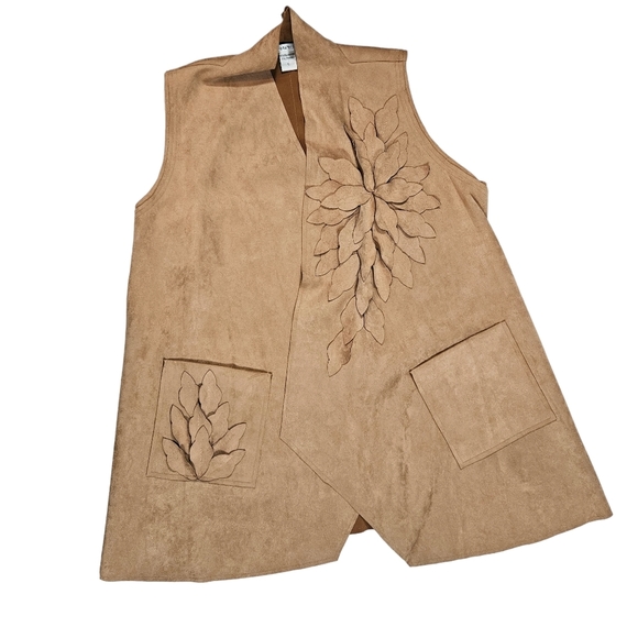Brown Faux Suede Open Front Drape Vest Sz L Floral Boho Western Cowgirl Festival - Picture 8 of 15